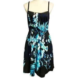 WHBM Blue Floral Fit & Flare Dress Size 4 Black Sleeveless Cocktail‎ Party Midi